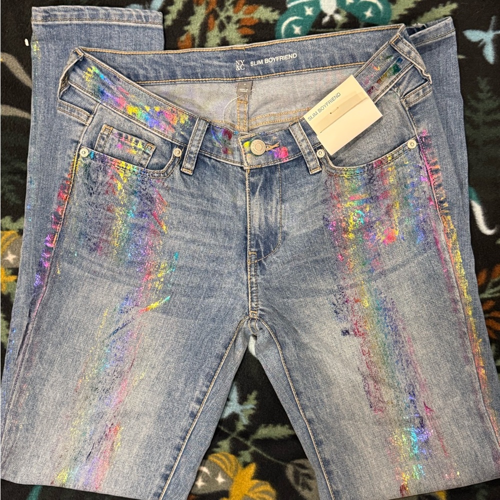 NY&C Slim Boyfriend Jeans Size 0 Metallic Rainbow Splatter NWT